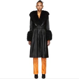 ISO Black Foxy V neck Shearling trimmed leather coat